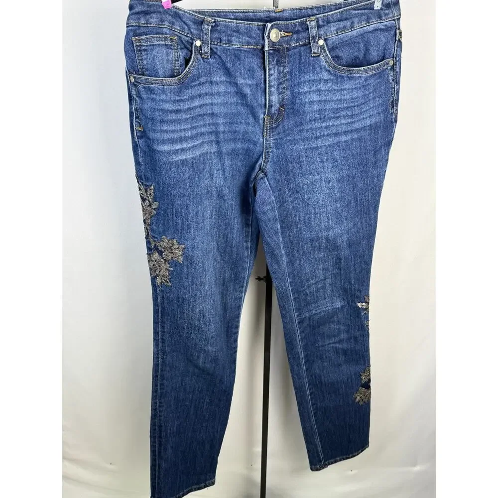 Christopher & Banks Embellished Sequin Floral Jeans Blue Stretch Mid Rise Size 4